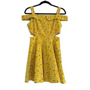Stone Flower Womens Yellow Floral Print Cold Shoulder Mini Dress Size M